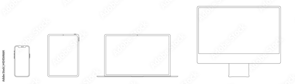 Fototapete device and gadget line art set. laptop, smartphone, modern portable and compact personal computer ma