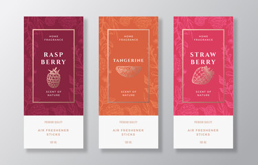 Home Fragrance Vector Label Templates Set. Hand Drawn Sketch Raspberry, Strawberry, Tangerine and Flowers Background with Typography. Room Perfume Packaging Design Layouts Realistic Mockup. Isolated