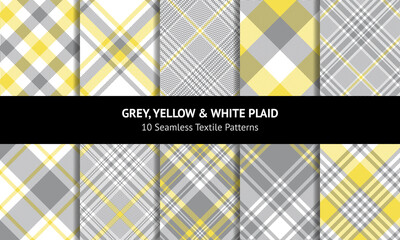 Plaid pattern vector set in yellow, grey, white. Spring summer light glen, tweed, gingham, vichy, buffalo check, herringbone texture for scarf, coat, flannel shirt, other modern fashion textile print.