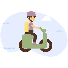 Delivery man riding motor bike. Flat style illustration. Vector