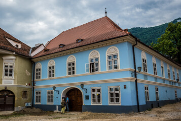 Fototapeta na wymiar House on Honterus square in old town of Brasov city, Transylvania, Romania