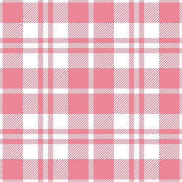 Pink check plaid pattern for tablecloth. Seamless simple classic coral and white tartan vector graphic for oilcloth, picnic blanket, other modern spring summer fashion or home textile design.