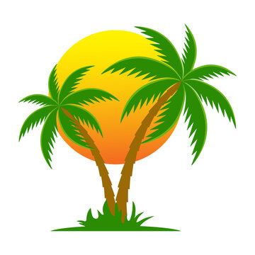 illustration silhouette of palm tree on sun background.