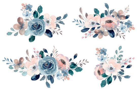 Blue rose and peach flower bouquet collection with watercolor