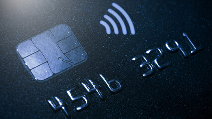 Macro detail of a brand new black and gray luxurious credit card, concept EMV chip card is a...