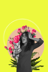 Modern design, contemporary art collage. Inspiration, idea, trendy urban magazine style. Female portrait with floral composition on yellow background.