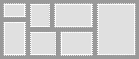 Set of blank postage stamps. Blank letter stamps, postal frame. Vector illustration.