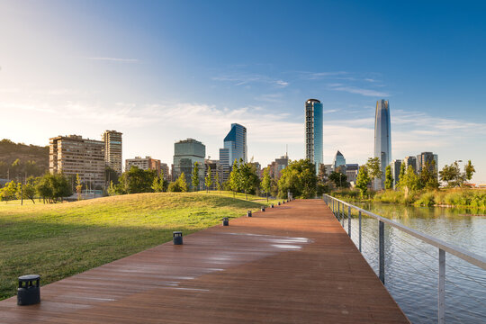 Skyline of buildings at Vitacura and Providencia districts from Parque Bicentenario, Santiago de Chile