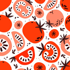 Seamless Pattern of red and pink tomatoes. Slice, half, whole tomato on white background. Healthy vegetables vector texture. Vegan, farm, organic, detox. Hand drawn illustration in trendy simple style