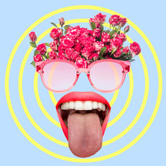Modern design, contemporary art collage. Inspiration, idea, trendy urban magazine style. Face made with glasses, flowers and female mouth on blue background.