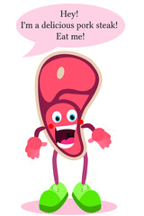 Cartoon steak. Meat with face, arms and legs. Food is like a smiley for children.