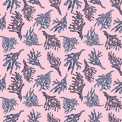 Seamless pattern, corals, branches. Digital drawing, paper texture.