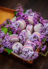 Purple macaroni cookies lying in a wooden box along with lilac flowers with green leaves on a dark background