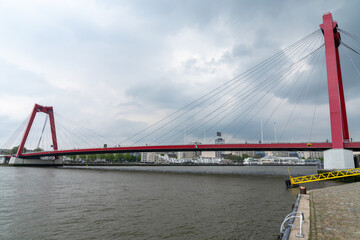 view of the Willemsbrug over the Nieuwe Maas River in downtown Rotterdam