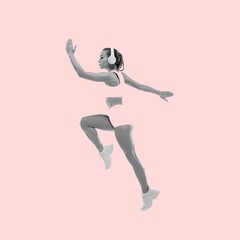 Fototapeta na wymiar Modern design, contemporary art collage. Inspiration, idea, trendy magazine style. Sport. Professional female athlete on pink background.