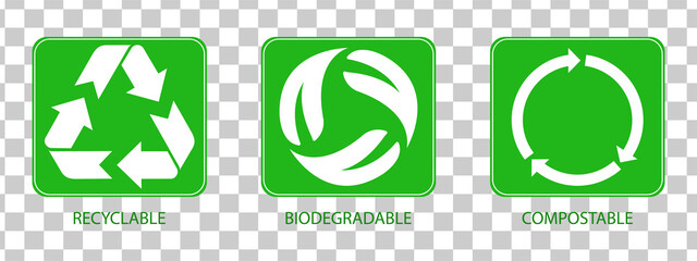 Recycling.Set recycle icons sign.Biodegradable, compostable, recyclable icons.Recycle logo or symbol.Green icons for packaging , recycling.ecology, eco friendly, environmental management symbols.