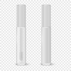 Vector 3d Realistic Closed Plastic Transparent and White Lip Gloss, Lipstick Package Set Isolated. Glass Container, Tube, Lid, Brush. Plastic Transparent Bottle Design Template, Mockup. Front View - obrazy, fototapety, plakaty