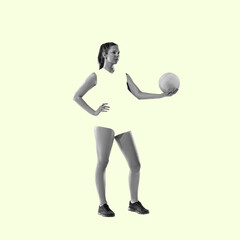Fototapeta na wymiar Modern design, contemporary art collage. Inspiration, idea, trendy magazine style. Sport. Professional female volleyball player on yellow background.