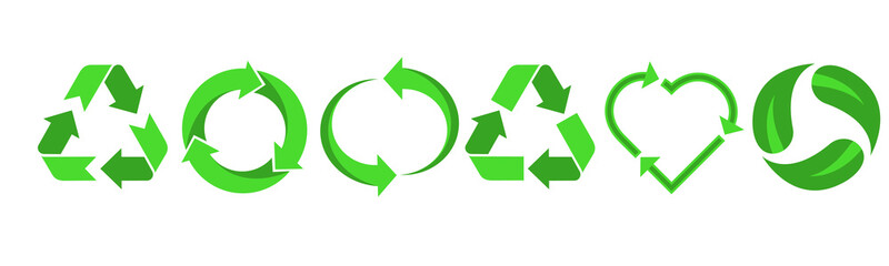 Recycling.Set recycle icons sign.Recycle logo or symbol.Green icons for packaging , recycling.ecology, eco friendly, environmental management symbols.Most used recycle signs vector. - obrazy, fototapety, plakaty