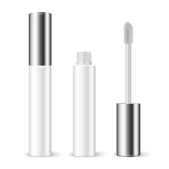 Vector 3d Realistic Plastic Closed, Opened White Lip Gloss, Lipstick, Concealer Package, Silver Cap Set Isolated. Glass Container, Tube, Lid, Brush. Glass Bottle Design Template, Mockup. Front View