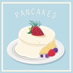 Tasty pancakes with fresh berries on plate, isolated on blue.