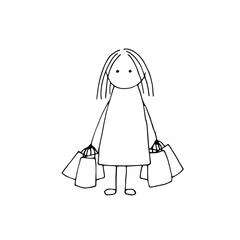 Housewife. Tired of homework. Purchase of groceries. Doodle. Vector. Hand-drawn illustration. Silhouette. Black and white outline.