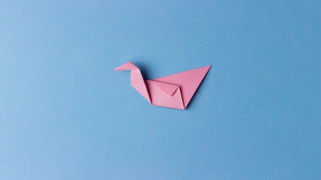 The figure of the bird from a pink sheet in the origami style on a blue background, folded and laid back. Step-by-step instruction. In center of the blue background. Pastime, hobby, activities with