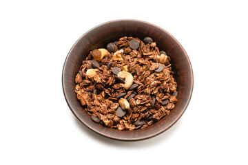 Chocolate granola cereal with nuts in a bowl background.