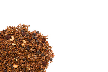 Chocolate granola cereal with nuts.