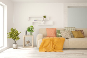 White living room with sofa. Scandinavian interior design. 3D illustration