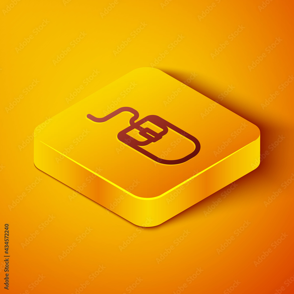 Poster isometric line computer mouse icon isolated on orange background. optical with wheel symbol. yellow 