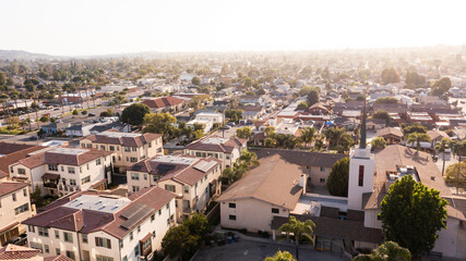 Sunset aerial view of the urban core of La Habra, California, USA.