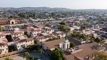 Fototapeta na wymiar Sunset aerial view of the urban core of La Habra, California, USA.