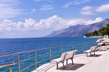 Seascape panorama with white benches and trees