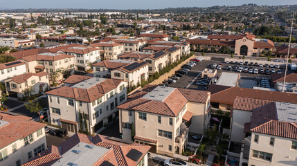 Fototapeta premium Sunset aerial view of the urban core of La Habra, California, USA.