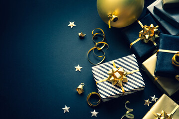 Selective focus.group of gift box and party ornament.Merry christmas,xmas and new year celebration concepts