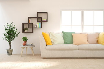 White living room with sofa. Scandinavian interior design. 3D illustration
