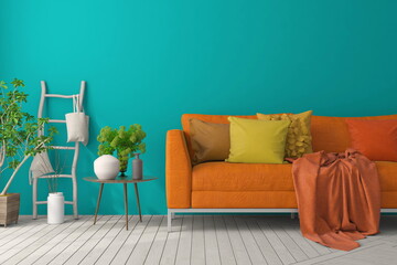Mockup poster of colorful living room with orange sofa. Scandinavian interior design. 3D illustration © AntonSh