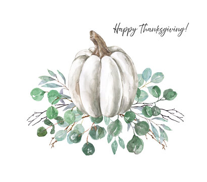 Modern fall white pumpkin and eucalyptus arrangement on white background. Pastel pumpkin decor with sage green leaves and tree branches. Autumn watercolor illustration. Thanksgiving card