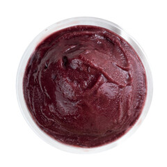Açai, Brazilian frozen açai berry ice cream bowl. top view. Isolated on white background