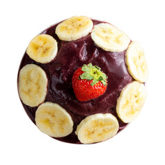 Açai, Brazilian frozen açai berry ice cream bowl with bananas slices and strawberry. Top view. Isolated on white background
