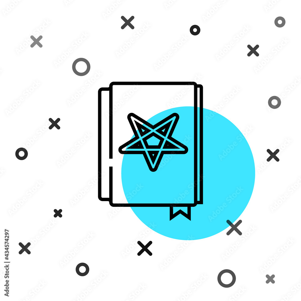 Poster black line ancient magic book with alchemy recipes and mystic spells and enchantments icon isolated 