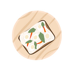 Delicious and healthy sandwiches on a wooden plate, top view. Sandwiches with spread, egg, pepper and herbs. Kitchenware vector illustration on a white background.