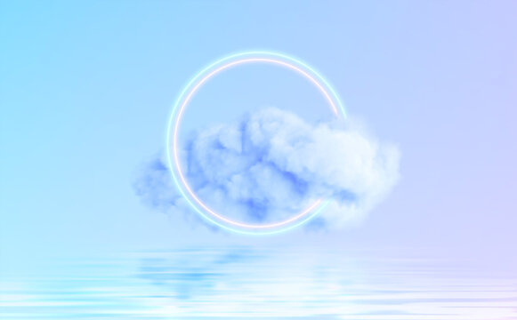 Neon Circle shape in a cloud of fog reflecting in the water. Modern trending 3d conceptual design background. Violet blue pink colors. Vector illustration