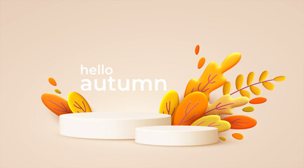 Hello Autumn 3d minimal background with autumn yellow, orange leaves and product podium. 3d Fall leaves background for the design of Fall banners, posters, advertisements, cards, sales. Vector