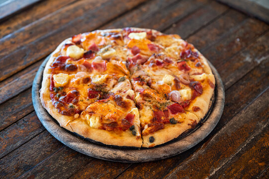 Homemade Hawaiian Bacon BBQ Pizza On Wooden Tray