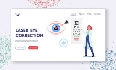 Eye Surgery Landing Page Template. Laser Correction of Myopia or Nearsightedness Diseases, Oculist Doctor Vision Test