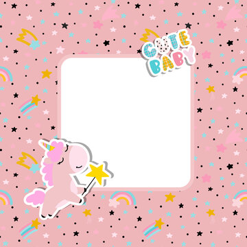 An illustration with a cute unicorn and stars. Children's photo frame. Invitation for baby shower. Place for a photo or text