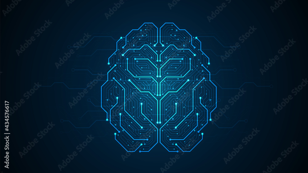 Poster abstract brain form electronic circuits lines pattern. point connecting network on blue background
