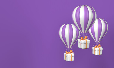 Three hot air balloons with gift boxes on purple background. 3d rendering